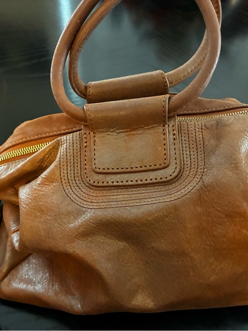 HOBO Tan Leather Hobo Bag with Gold Zip Detail
